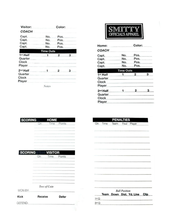 ACS533 - Smitty Double Sided Football Game Card w/Penalty Recording