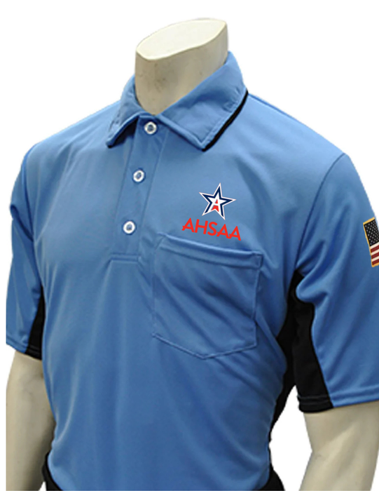 USA314AL - "Smitty "Made in USA" - Major League Style Short Sleeve Shirt - Sky Blue/Black With AHSAA Logo